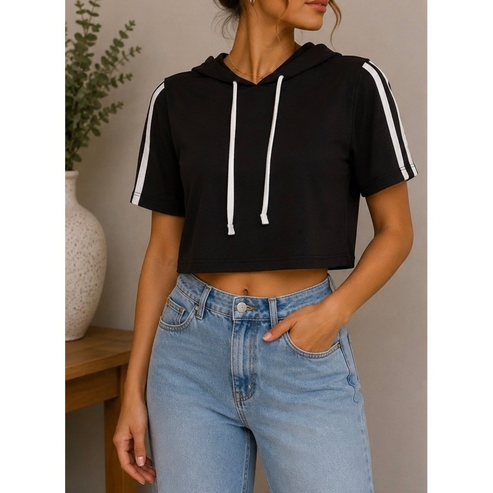 Womens Black Short Sleeve Cropped Hoodie White Side Stripe Top Size-M